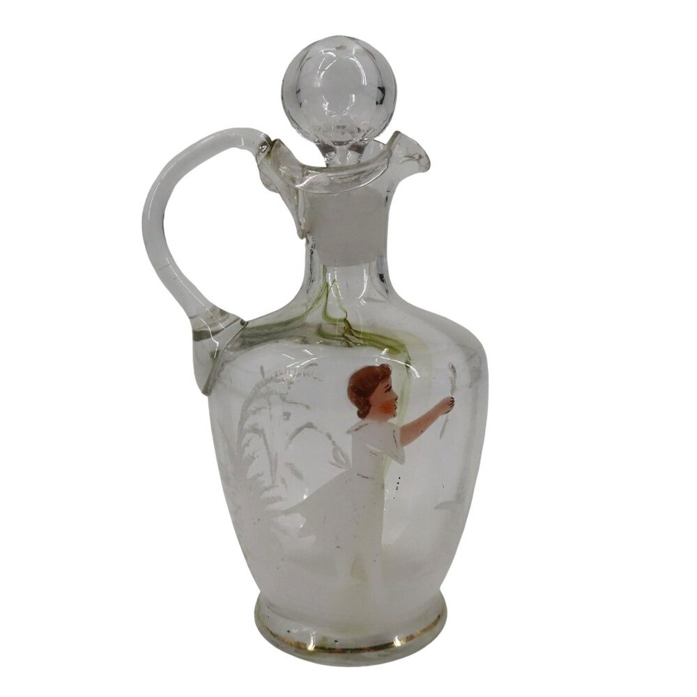 Antique Hand Blown Glass Vinegar Decanter Painted Angel Child Cruet Stopper VTG - Picture 1 of 14